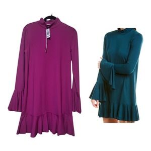 Susana Monaco Womens M Mock Neck Ruffle Hem Long Sleeve Dress Fuchsia MSRP $276